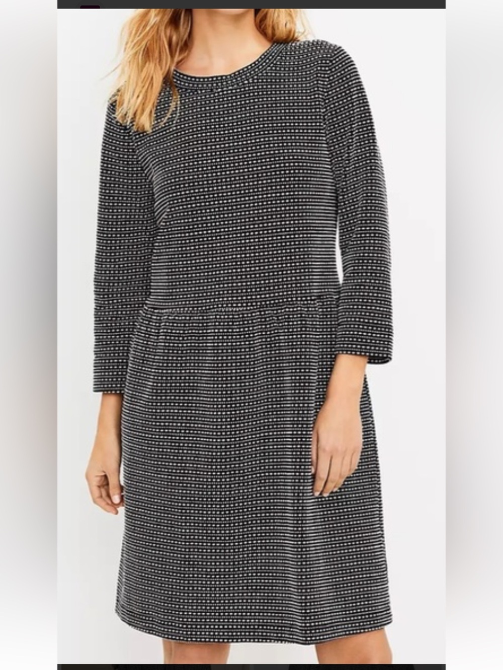 LOFT textured Black and White Dot-Pattern Long Sleeve fit n flare Dress